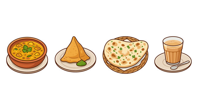 vector A vibrant selection of traditional Indian dishes, featuring dal, a samosa, naan bread, and chai tea.