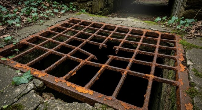 Damaged Rusty Metal Grate Over Dark Opening
