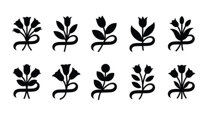 Fototapeta premium Set of minimalist black floral icons with twisted stems and leaves on white background for design and decoration purposes