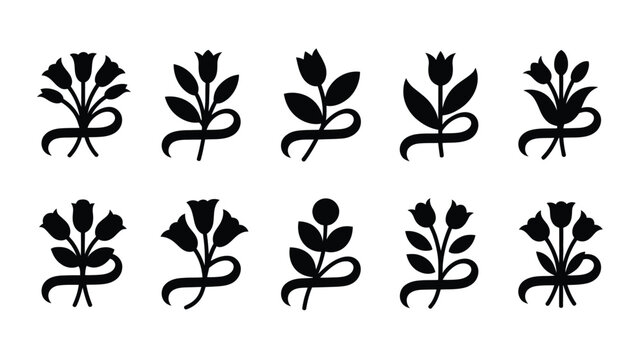 Set of minimalist black floral icons with twisted stems and leaves on white background for design and decoration purposes