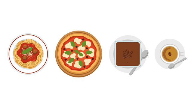 vector A delightful top-down view of popular Italian dishes: spaghetti, pizza Margherita, tiramisu, and espresso.