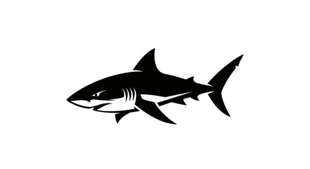 Obraz premium Modern minimalist shark logo in black and white, featuring a bold and dynamic stylized design with clean lines and smooth curves. Isolated on a soft gray gradient background with subtle shadow, this p