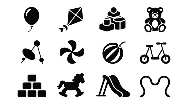 Collection of black icons featuring toys and objects for children including a balloon kite teddy bear and playground equipment on a white background