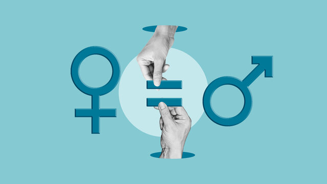 Gender equality and equal rights concept with male and female symbols and equals sign, human hands balancing equality, social justice, feminism, diversity and inclusion in modern society