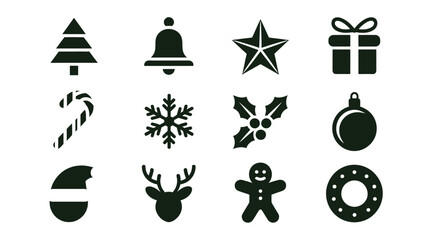 Collection of minimalist christmas icons including tree bell star gift candy cane snowflake holly ornament cookie reindeer gingerbread man and wreath on white background © Shovon