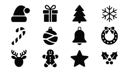 Christmas icons set including santa hat tree gift snowflake candy cane ornament bell reindeer gingerbread man star and holly on white background for holiday and festive designs © Shovon