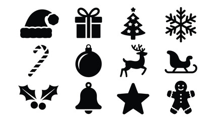 Christmas icons set including santa hat gift tree snowflake candy cane ornament reindeer sleigh holly bell star and gingerbread man on white background © Shovon