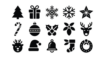 Black vector christmas icons set including tree gifts snowflakes reindeer and ornaments on white background © Shovon