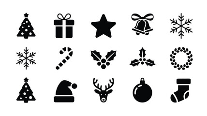 Collection of minimalist christmas icons including trees gifts stars bells snowflakes candy canes hats reindeer ornaments and stockings on white background © Shovon