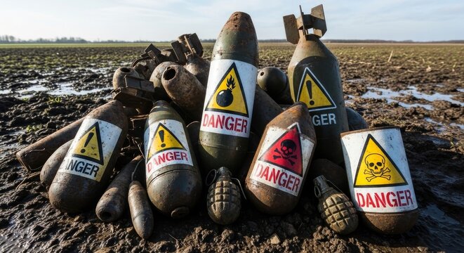 Pile of Unexploded Ordnance with Danger Warnings
