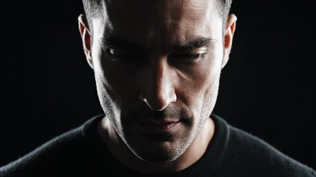 Intense dramatic portrait of a man staring directly at the viewer with a serious and menacing expression