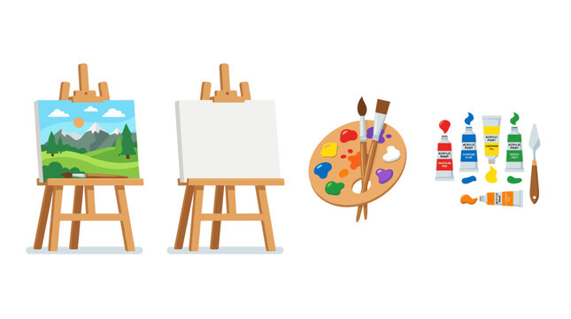 vector Art supplies feature two easels, a landscape, a blank canvas, a palette, brushes, and colorful paint tubes.