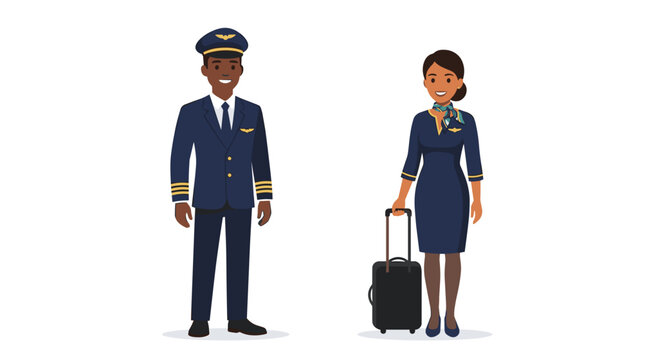 vector A male pilot and a female flight attendant stand together, ready for their aviation duties.