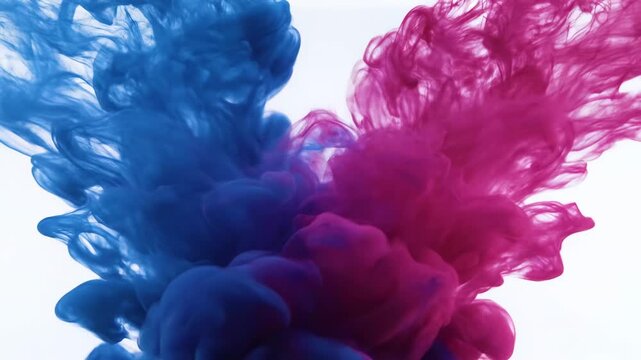 Abstract close-up showing vibrant blue and magenta plumes of colored ink merging against white