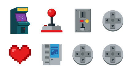 vector Iconic retro video game elements like an arcade machine, joystick, controller, and pixel heart are displayed. © Maicon
