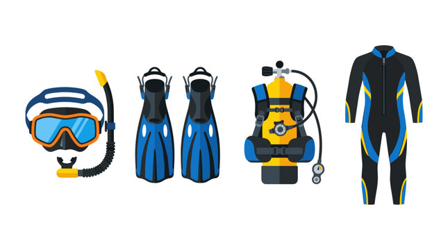 vector Essential scuba diving equipment such as a mask, snorkel, fins, tank, and wetsuit is presented.