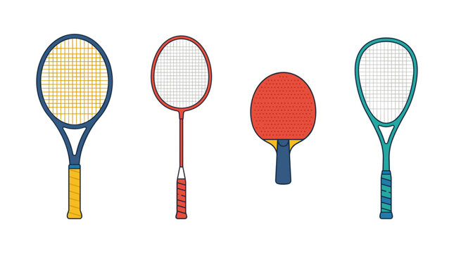 vector A diverse set of racket sports equipment features tennis, badminton, table tennis, and squash rackets.