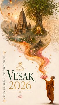Vesak 2026 commemorative poster with Bodhi tree, lotus, monk, and temple &mdash; Buddhist enlightenment celebration, spiritual heritage, and cultural unity.