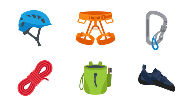 vector A collection of six essential rock climbing gear items, including a helmet, harness, carabiner, rope, chalk bag, and shoe, are laid out.