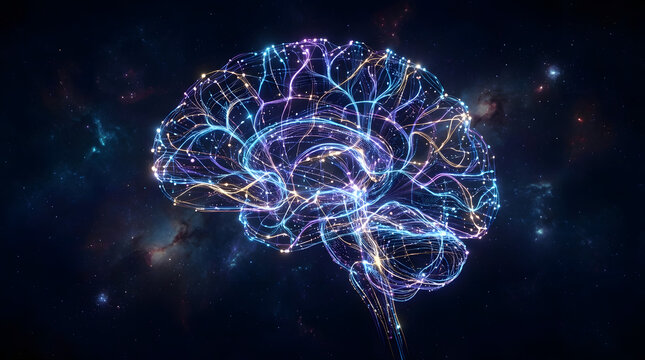 Vibrant digital brain structure with luminous neural network connections symbolizing advanced artificial intelligence and expansive thought processes within a cosmic backdrop