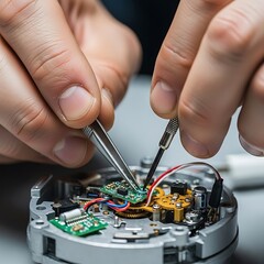 Naklejka premium Close-up of hands repairing delicate electronic and mechanical components