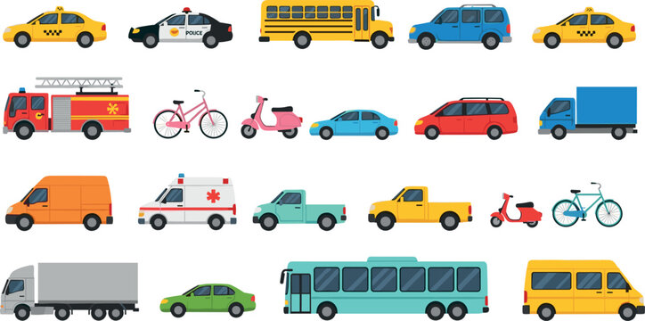 Collection of Vehicle Icons Including Taxis, Emergency Vehicles, Buses, and Bikes for Transportation, Travel, and Urban Design Projects