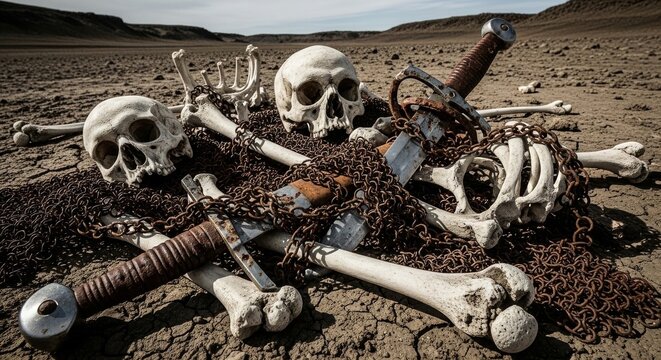 Human Bones and Ancient Swords Scattered in Desolate Landscape