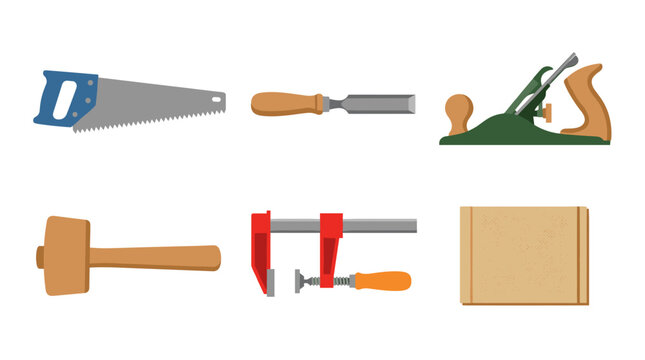 vector An assortment of traditional woodworking tools is displayed for craft, repair, and construction projects.