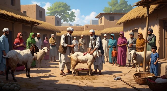 People gathering at a rural village market in pakistan to trade and inspect goats for the eid festival celebration on a sunny day with traditional mud houses in the background