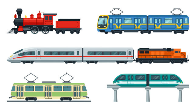 vector Different types of trains, including a steam engine, modern passenger train, and tram, are shown.