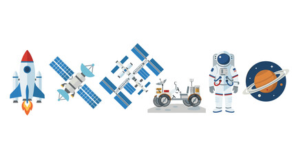 vector A collection of diverse space exploration elements including a rocket, satellites, an astronaut, and a planet. © Maicon