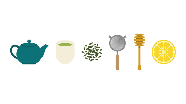 vector A complete set for brewing and enjoying hot tea, featuring a blue teapot, a full cup, loose leaves, a strainer, honey dipper, and lemon.