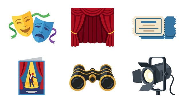 vector A comprehensive collection of theater and performing arts elements, including masks, curtains, tickets, programs, binoculars, and a spotlight.