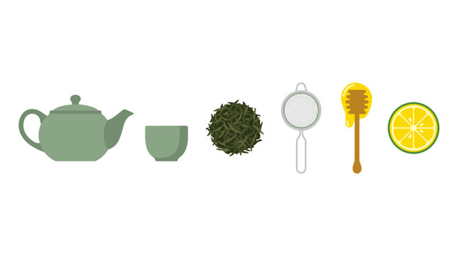 vector A calming set of green tea preparation items including a teapot, cup, tea leaves, strainer, honey dipper, and lemon slice.