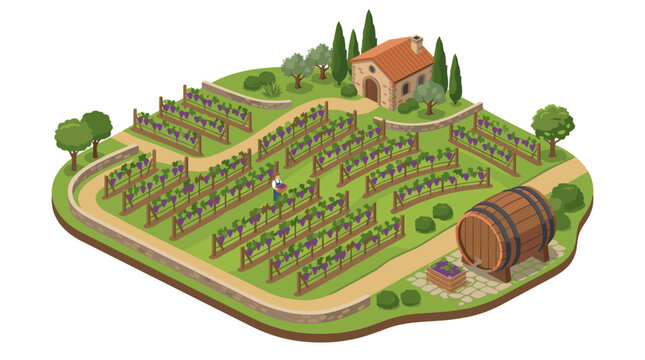 vector A beautiful isometric illustration depicting a sprawling vineyard landscape with rows of grapevines, a house, and a wine barrel.