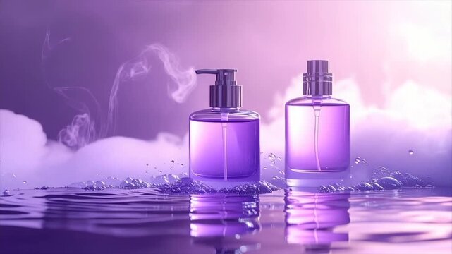 Two purple glass bottles with metallic accents sit amidst water, mist, and fluffy clouds