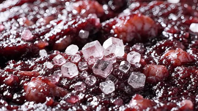 Closeup Macro Shot of Crystallized Sugar Sprinkled on Dark Red Berries.