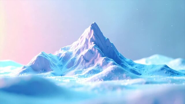 A majestic snow-covered mountain rises, bathed in soft pastel light with floating specks