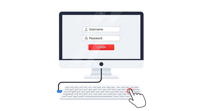 A computer screen displays a login page as a hand clicks the mouse to enter username and password.