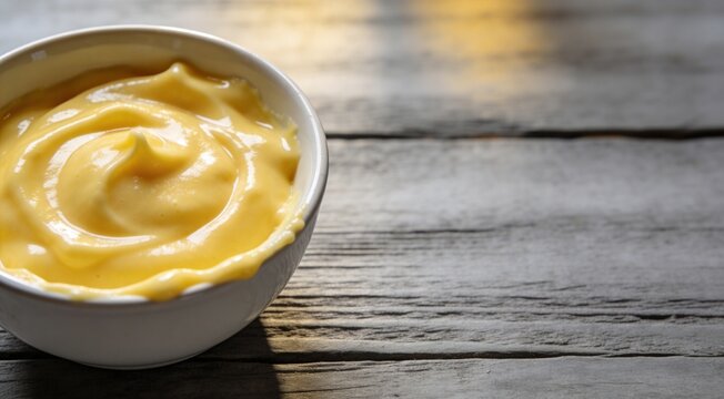 Delicious homemade lemon curd in a bowl on a grey table, detailed closeup.