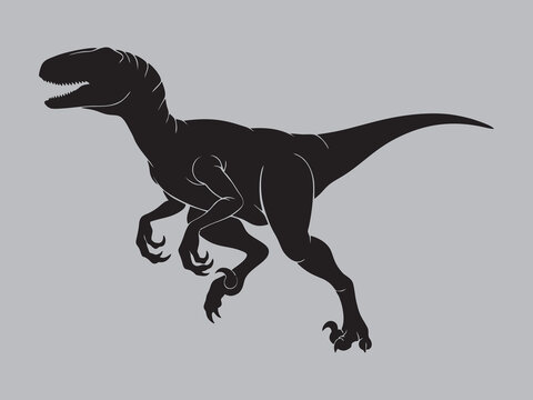 Black Silhouette of a Velociraptor Dinosaur on Grey Background