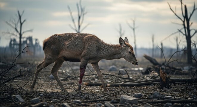 Injured deer limping through desolate debris