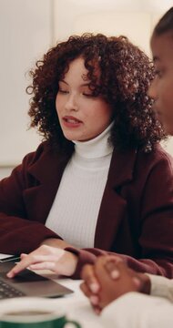 Laptop, planning and discussion with business woman in office for brand awareness, team or project. Target audience research, collaboration and social media marketing with employee in creative agency