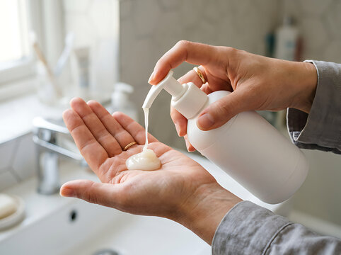 Woman hands applying a moisturizing hand lotion from pump bottle with blank label for mockup 