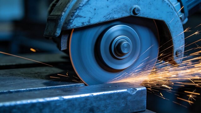 Sparks fly from grinding wheel cutting metal