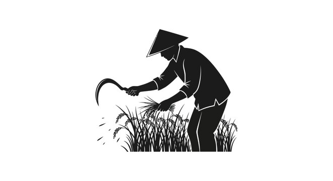 Man harvesting rice with sickle tool.