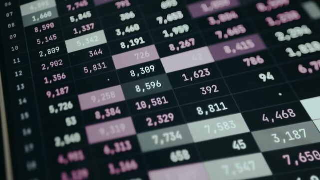 Grid displays various numerical values across several columns with data found on a ticker board, trading data interface from stock market