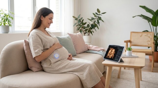 Smiling pregnant woman at home using a tablet with 3D ultrasound app and a wearable smart sensor for prenatal monitoring