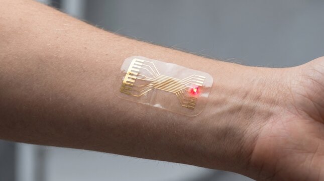 Close up of a futuristic smart biosensor patch on a human arm for real-time health monitoring with a glowing red indicator light