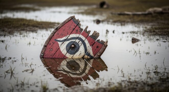Shattered Viking shield with painted eye in water